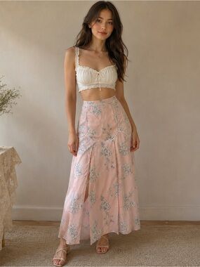 Sabo Skirt Light Pink Floral Sheer Panel Spring Beach Skirt Crochet Flowers - XS